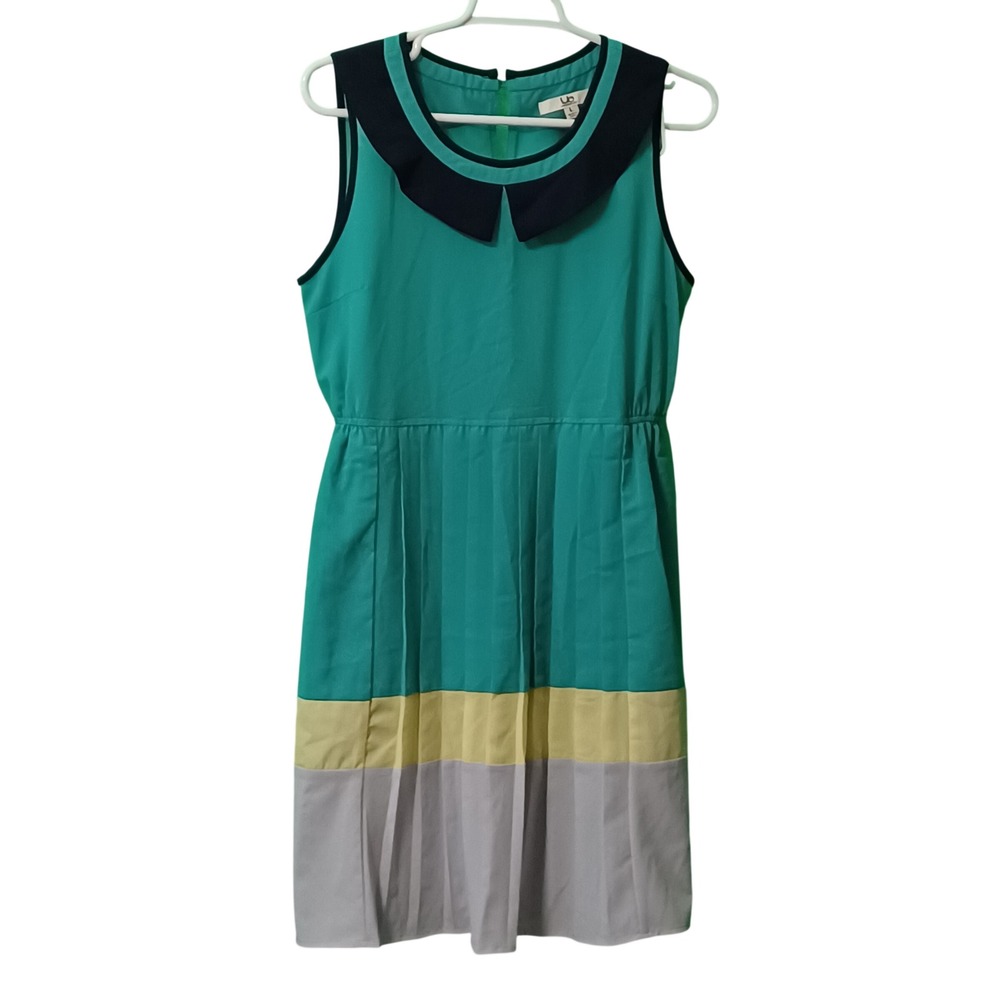 Ya Los Angeles Teal Colorblock Peter Pan Collar Pleated Dress Large‎ YL10884